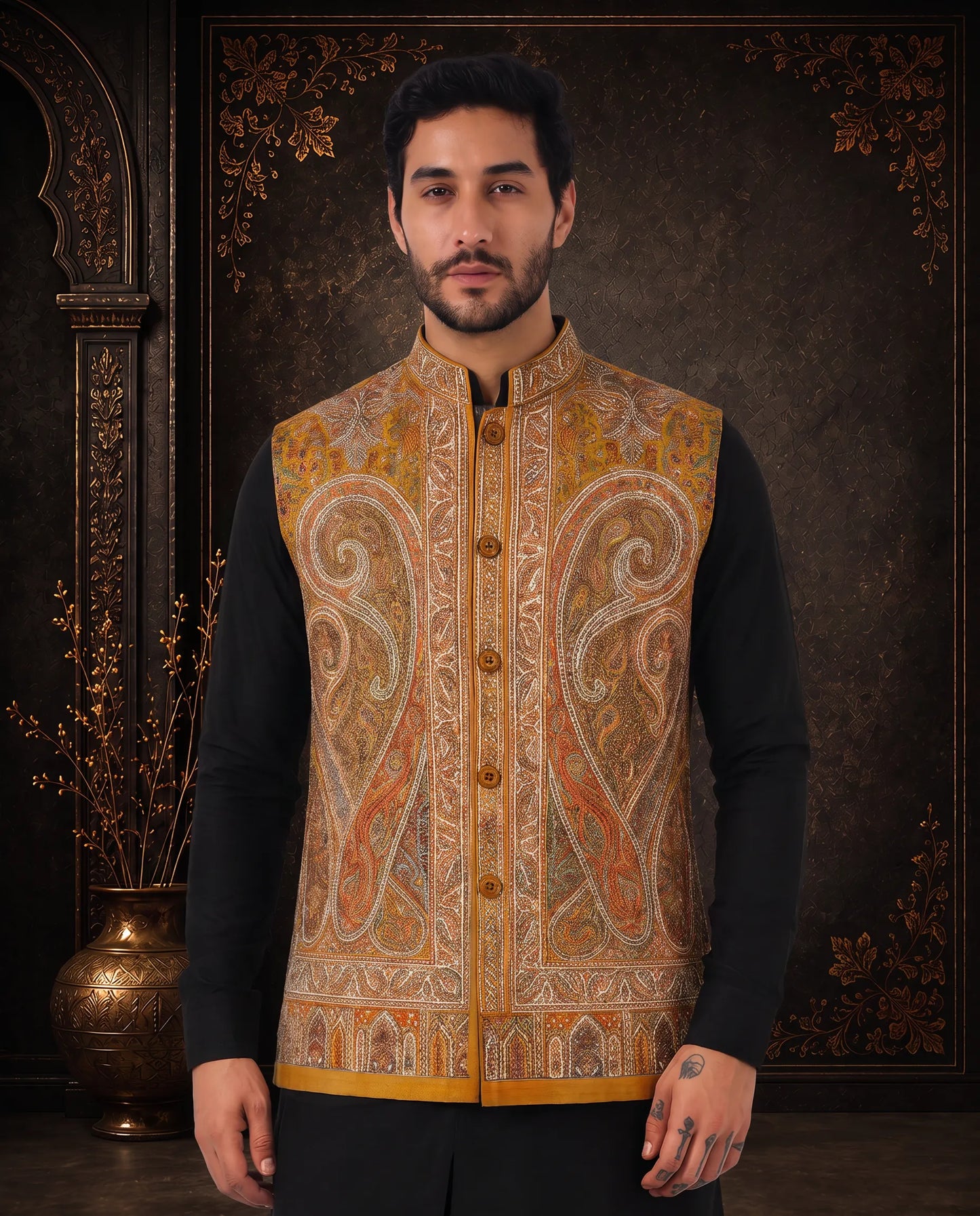 Aariz Mustard Paisley Nehru Jacket for Men