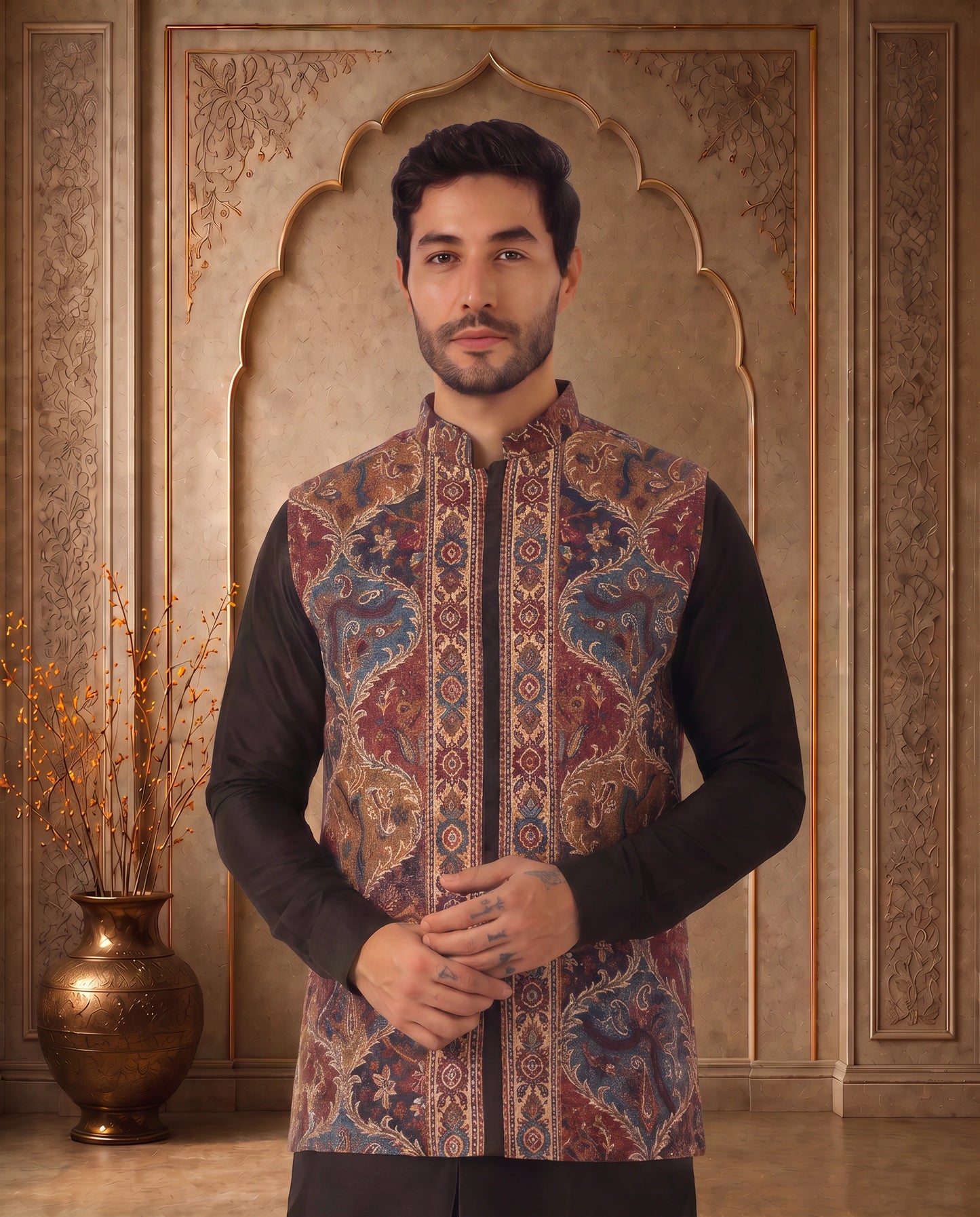 Ruhan Maroon Paisley Nehru Jacket for Men