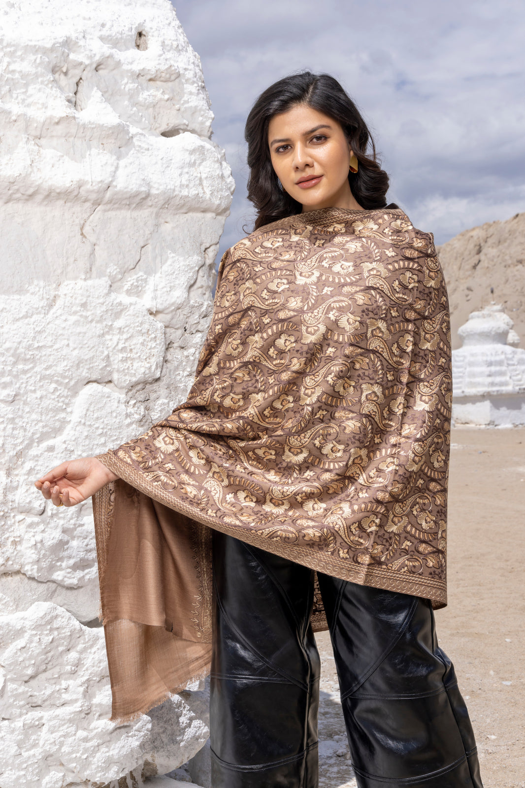 Traditional Aari Embroidered Woollen Stole for Women- Beige Beauty