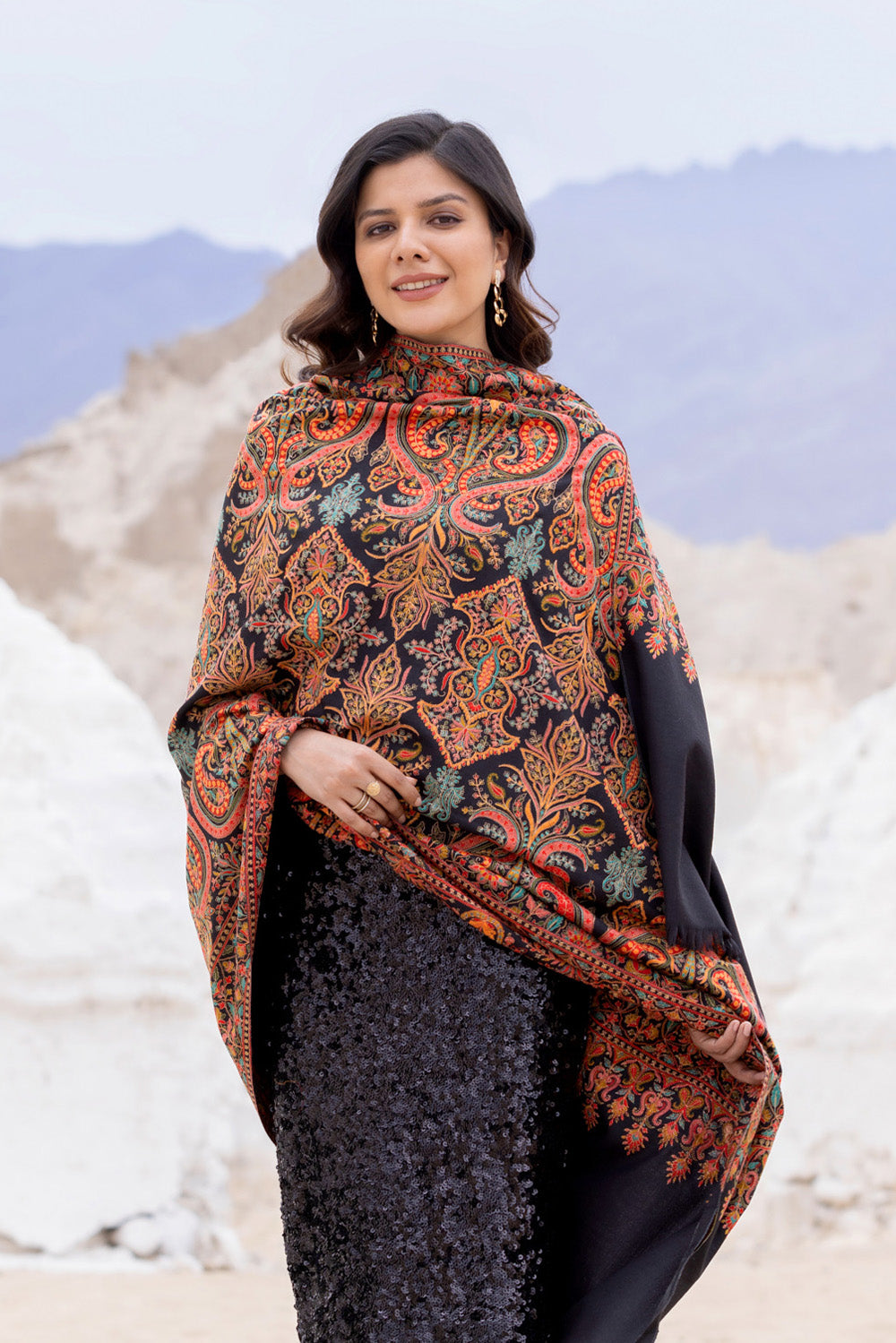 Heritage Embroidered Jaal Jamawar Shawl for Women - Charcoal Black