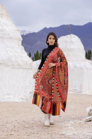 Printed Shawl with Aari Embroidery for Women - Floral Motifs