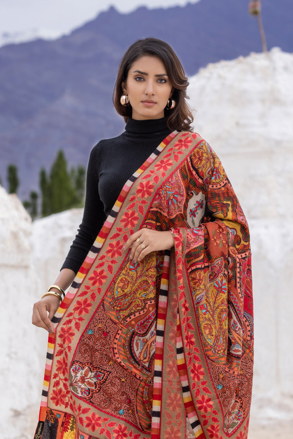 Printed Shawl with Aari Embroidery for Women - Floral Motifs