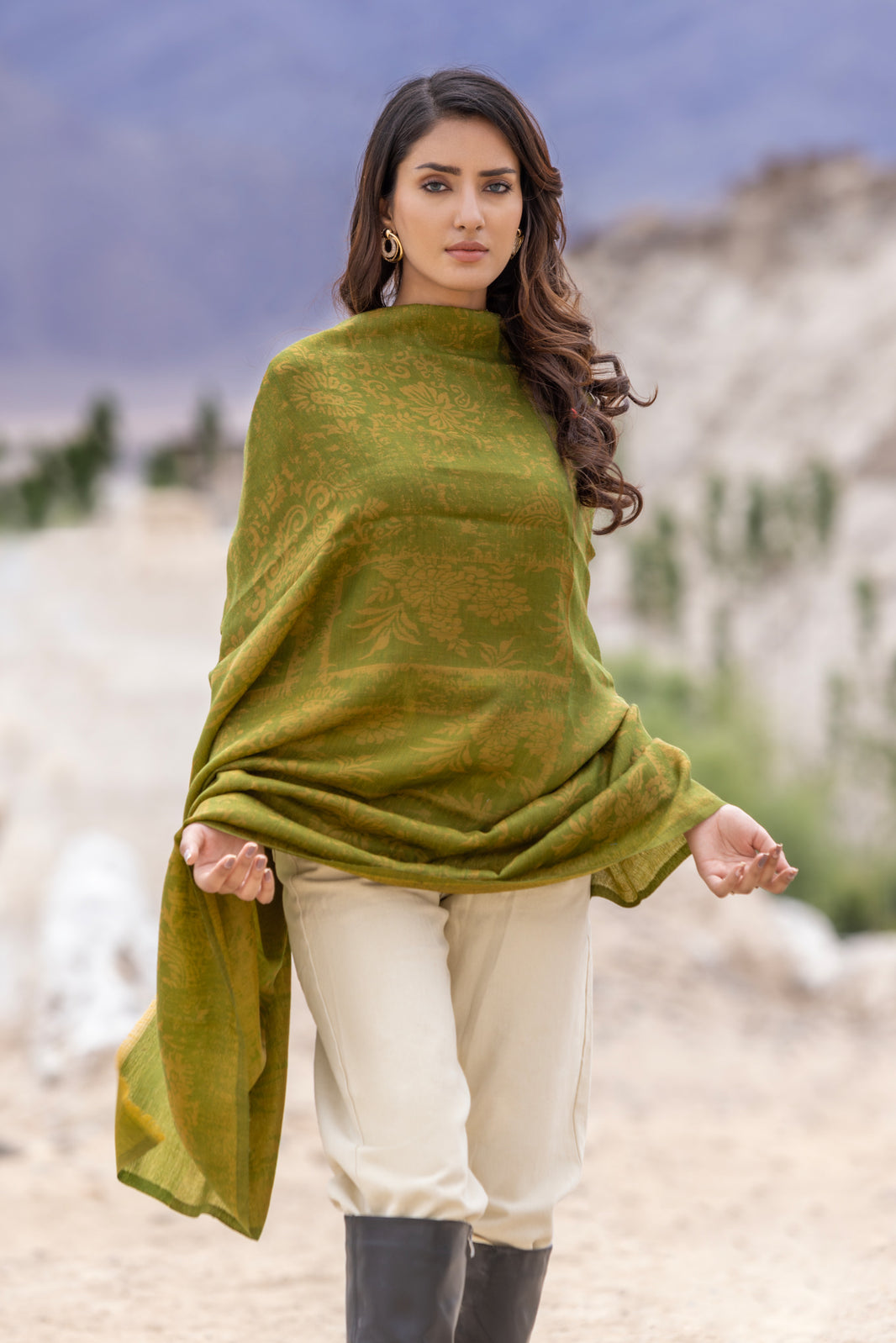 Women's Reversible Silk Blend Shawl with Zari Work - Golden Green