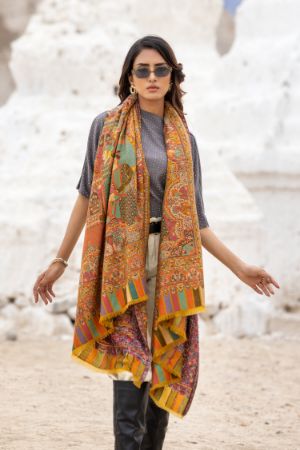 Heritage Mughal Darbaar Woolen Shawl for Women - Amber Yellow