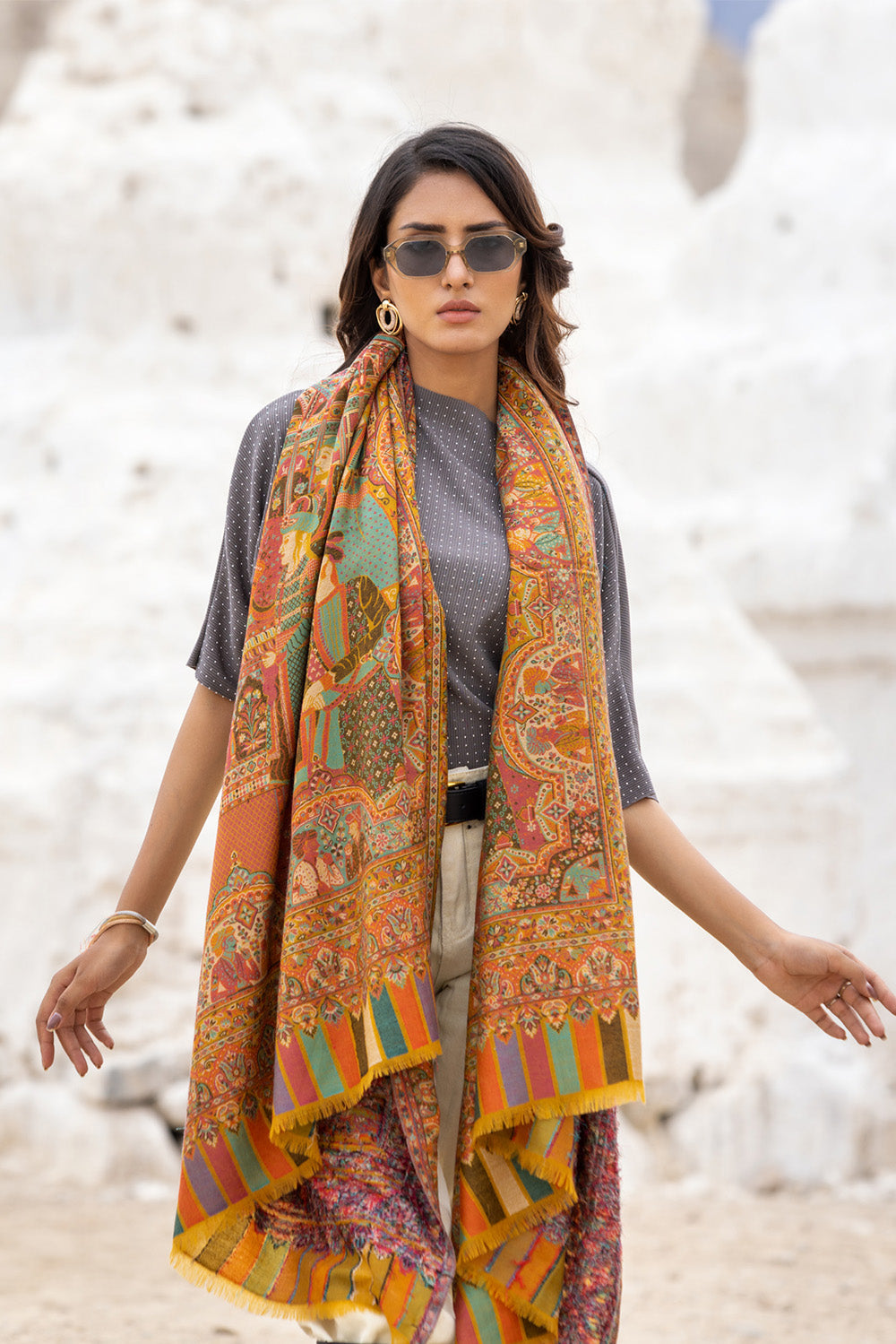 Heritage Mughal Darbaar Woolen Shawl for Women - Amber Yellow