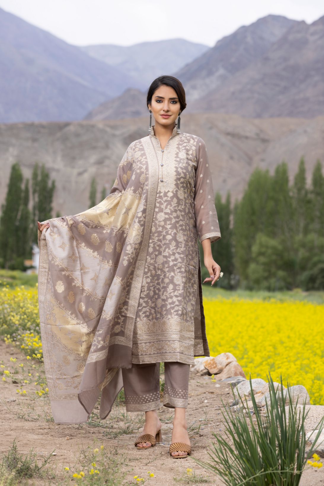 Traditional Kani Zari Suit For Women (Unstitched) - Subtle Fawn