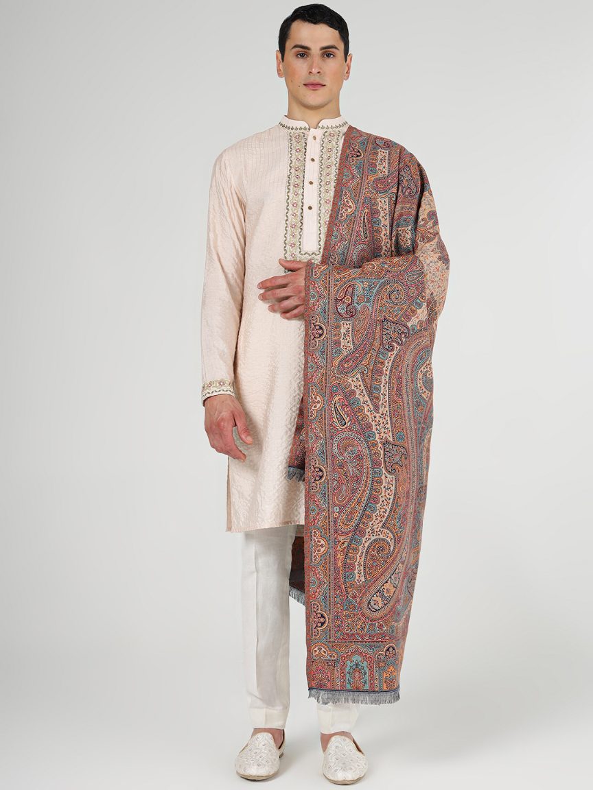 Traditional Earthtone Paisley Kalamkari Shawl for Men