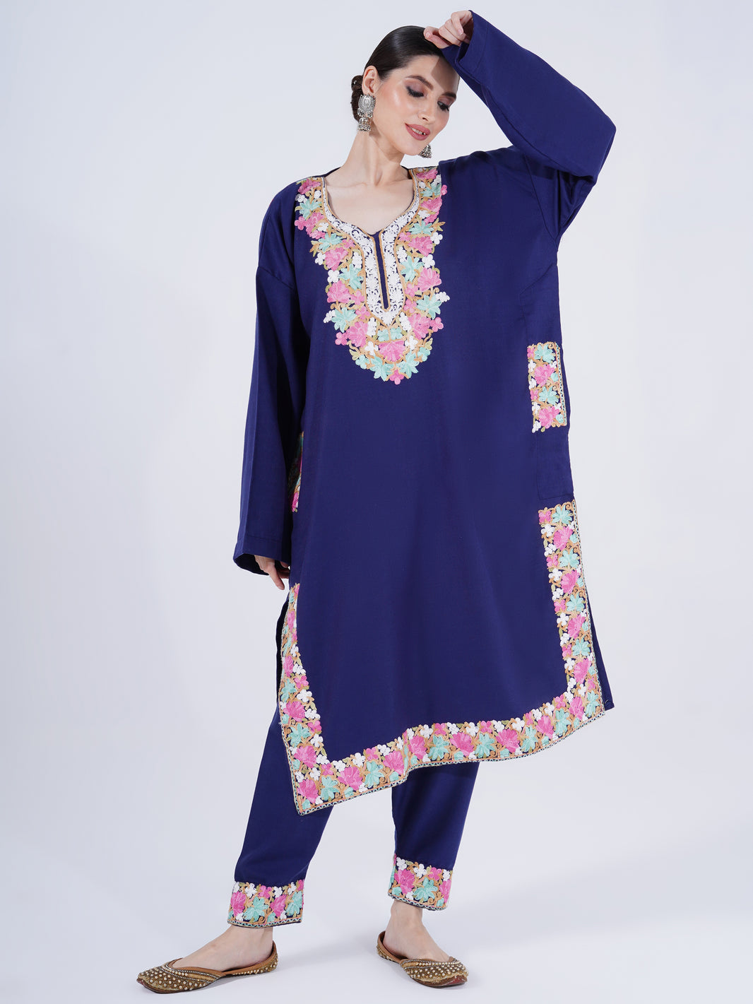 PASHMINA FAUX ACRYLIC PHIRAN BLUE UNSTITCHED SUIT FOR WOMEN