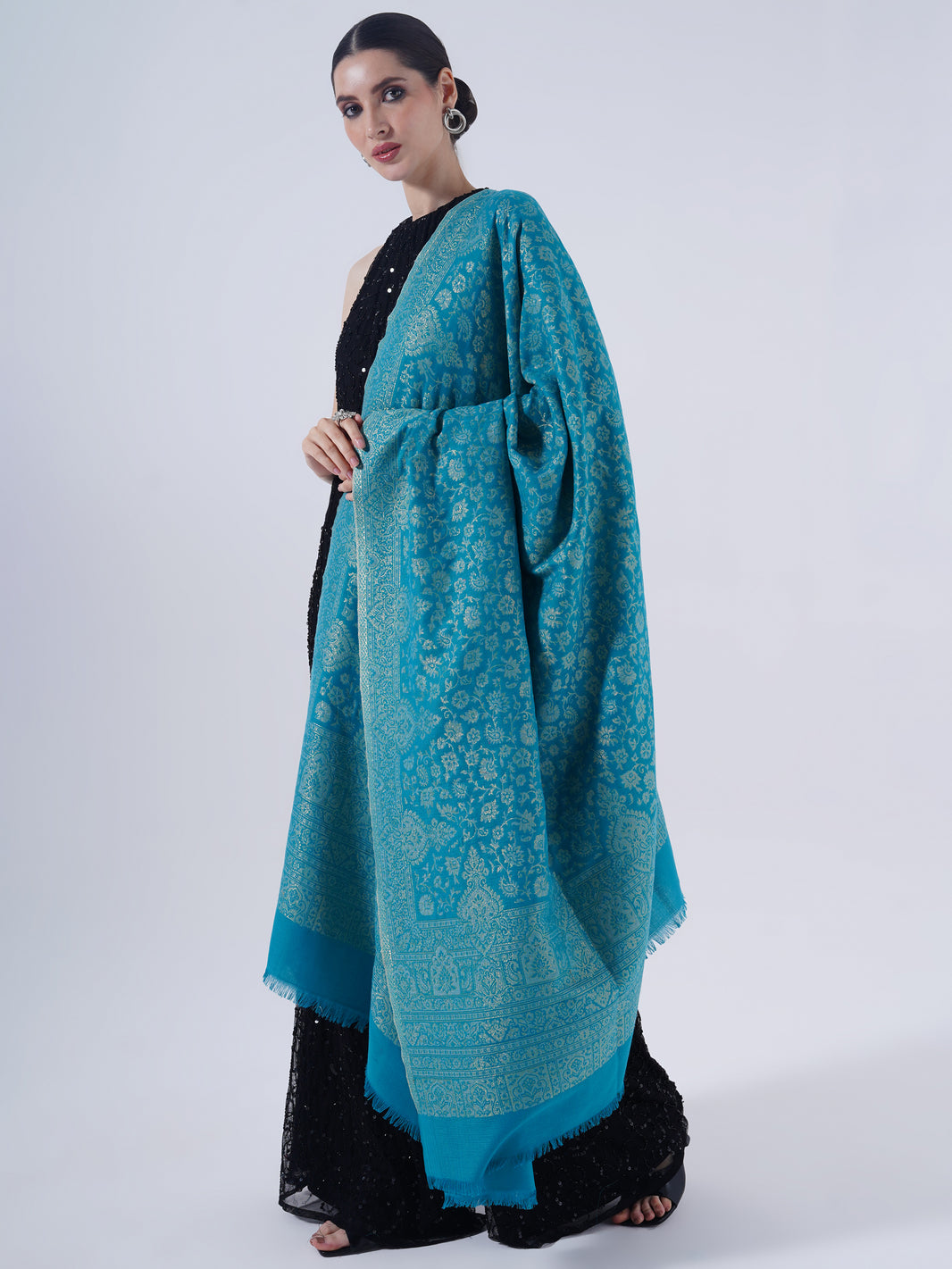 WOMEN'S TRADITIONAL ETHNIC WEAVE WOLLEN SHAWL -BREEZY BLUE