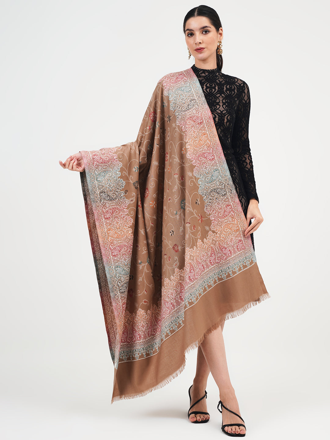 Faux Pashmina Traditional Jamawar Shawl -  Rich Caramel Charm