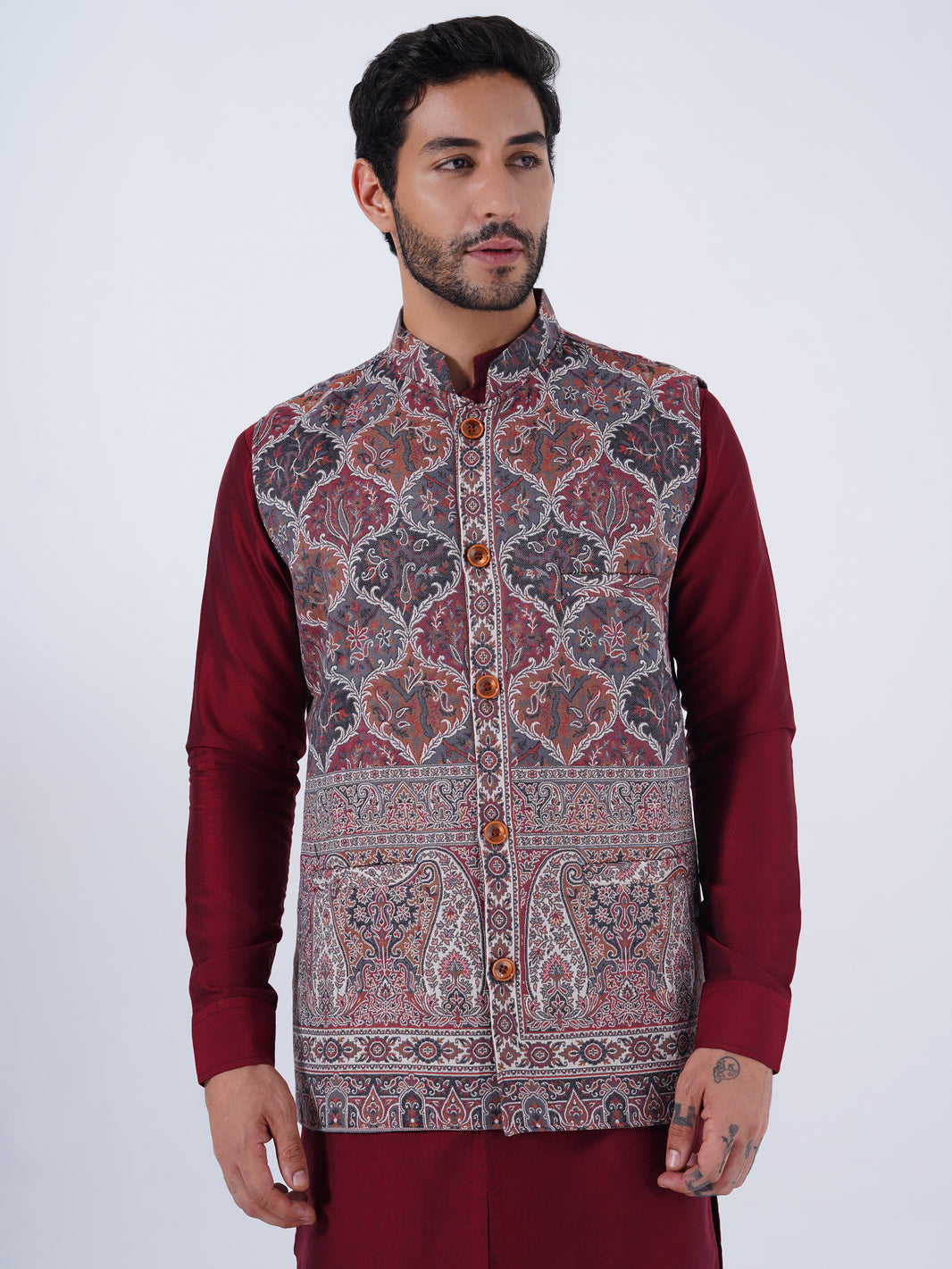 UNSTITCHED WOOLLEN NEHRU JACKET FOR MEN-TERRA COTTA