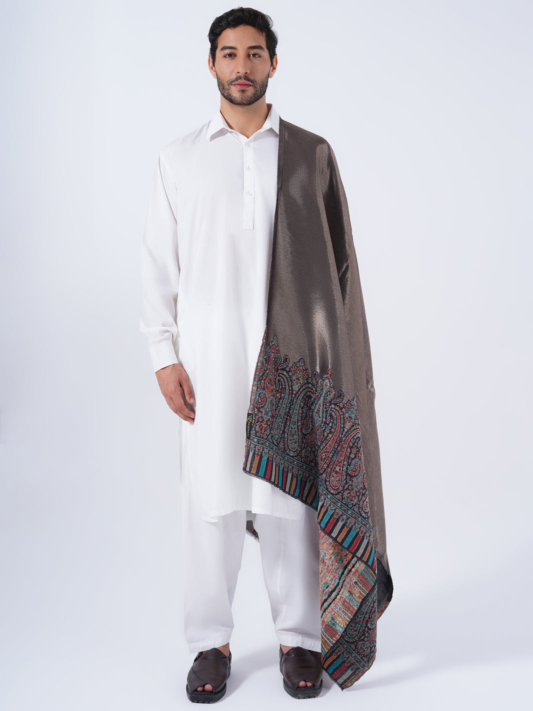 WOOL COTTON BLEND GOLD ETHNIC TRADITIONAL SHAWL FOR MEN
