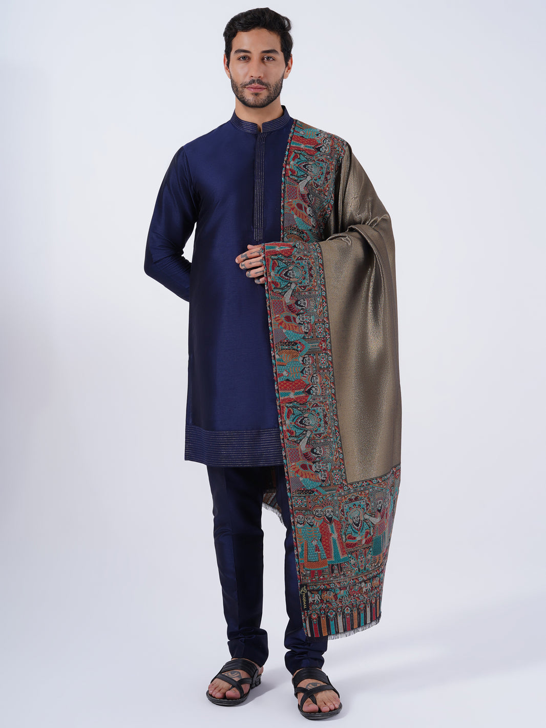 WOOL- COTTON BLEND GOLD MUGHAL DARBAAR SHAWL FOR MEN'S
