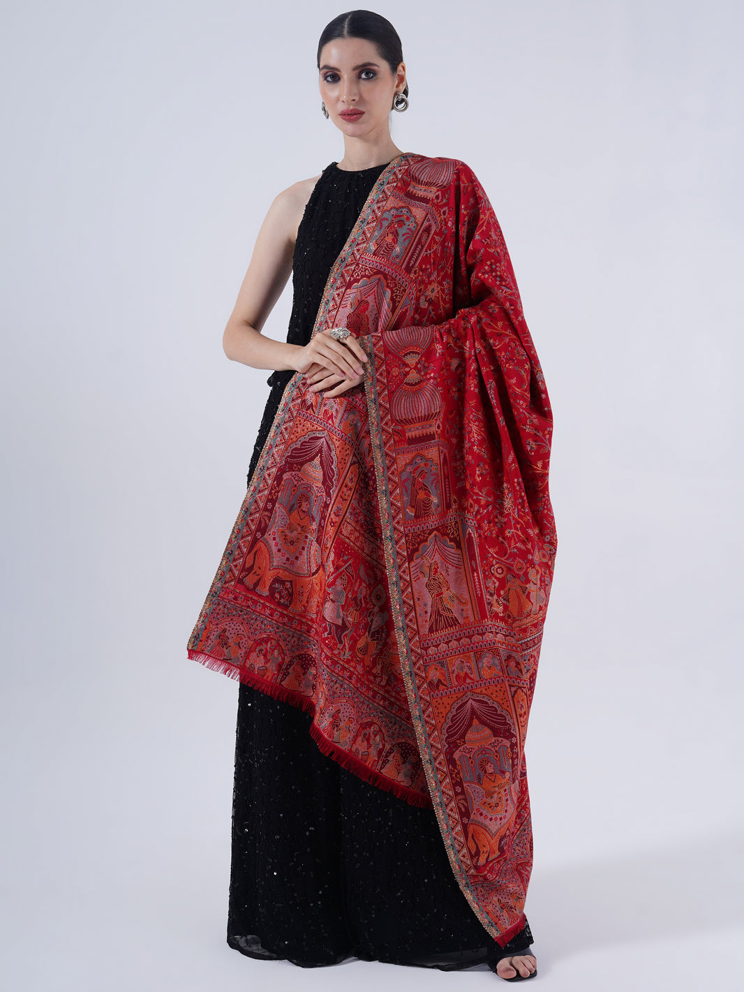 TRADITIONAL MUGHAL DARBAAR POLYSTER BLEND SHAWL-RICH CARAMEL CHARM