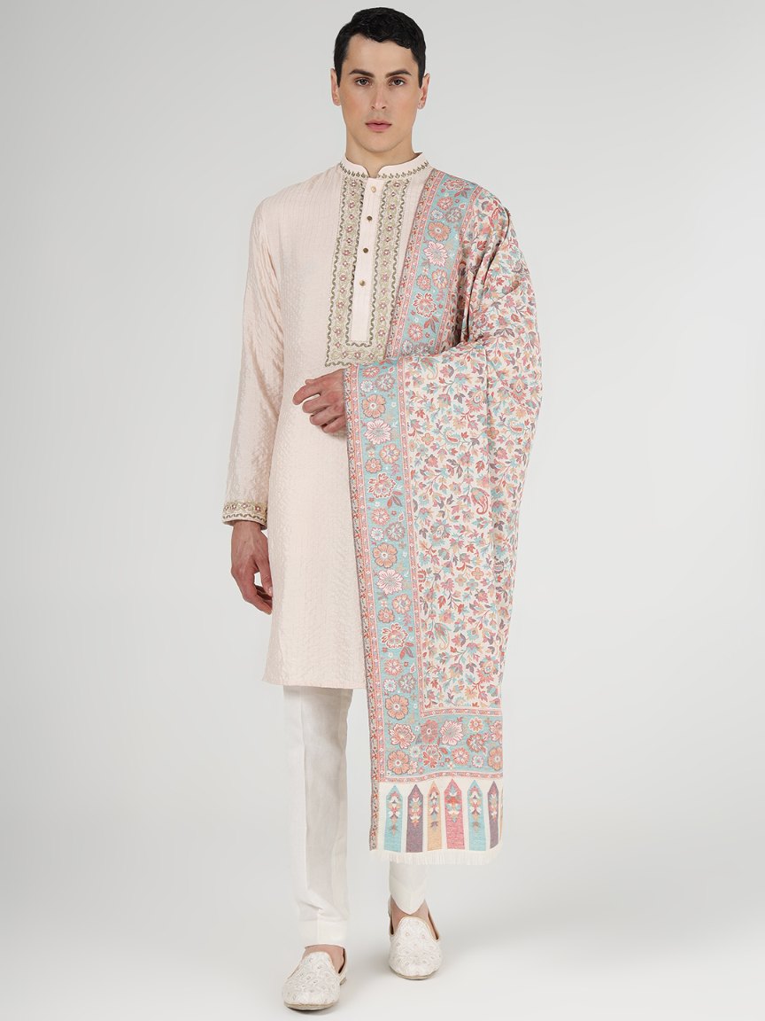 Men’s Fine Wool Blend Jamawar Kani Shawl – Pastel Palette | Full Size, Extra Soft & Warm