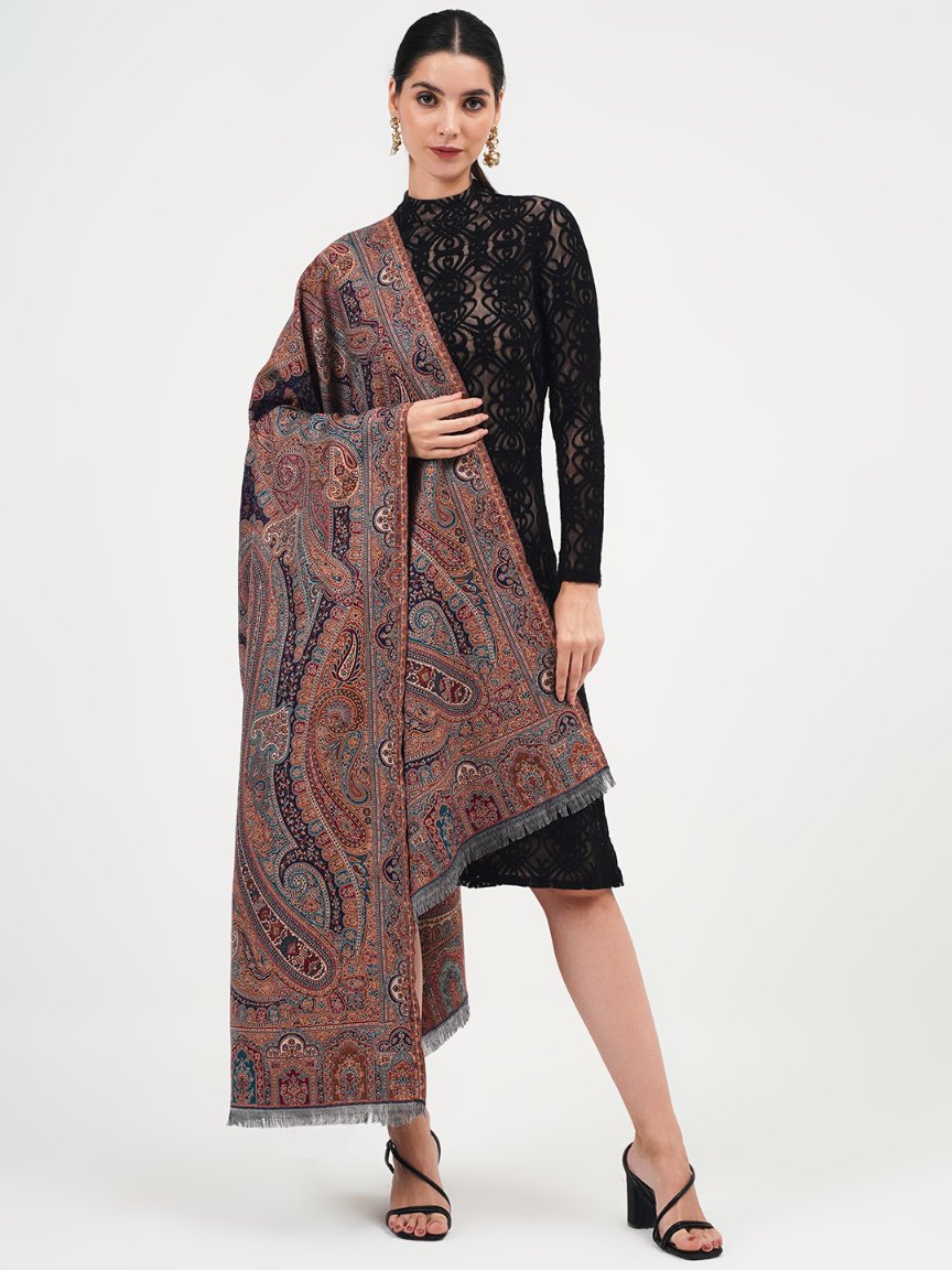 Faux Pashmina Traditional Paisley Jamawar Shawl - Midnight Grace