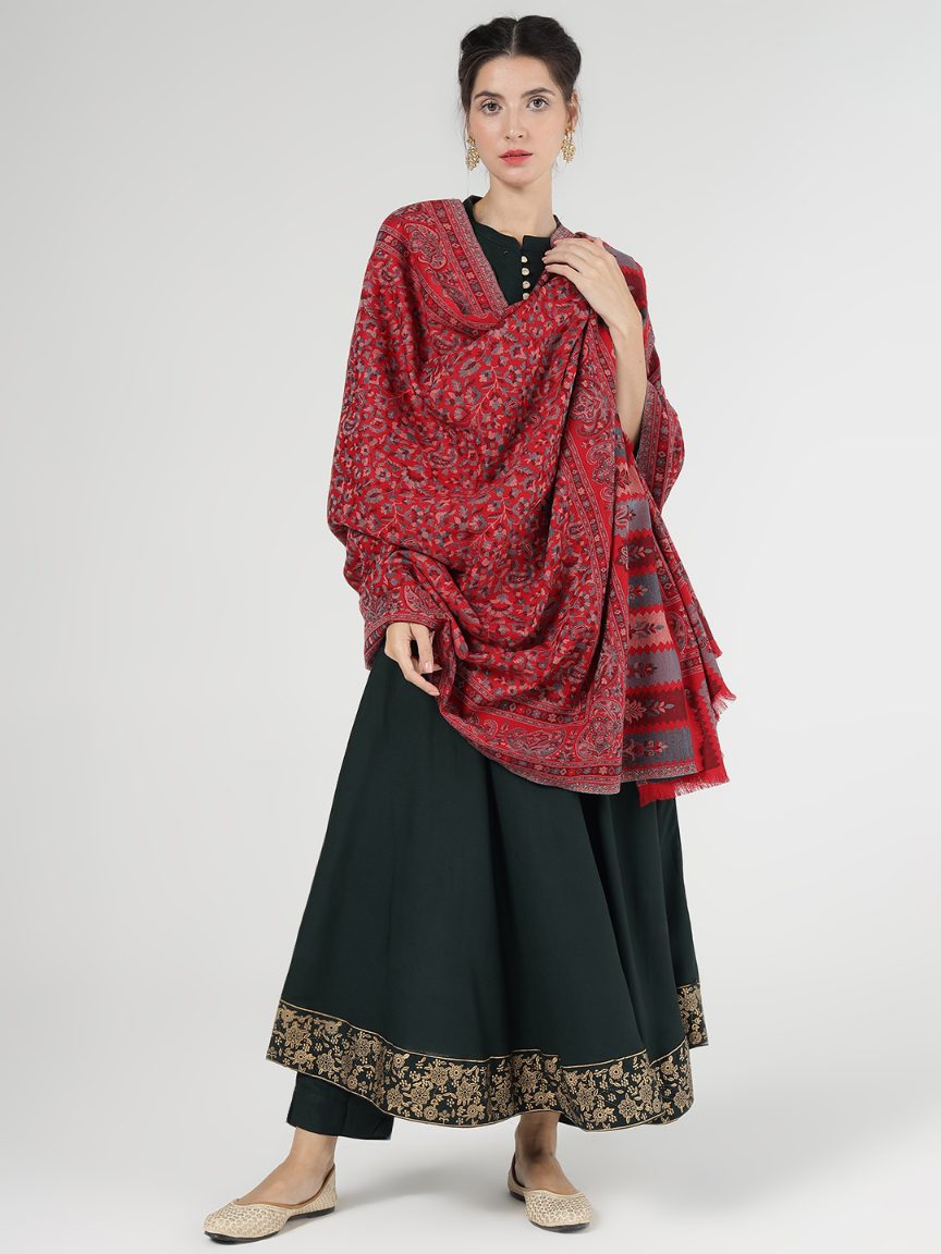 Antique Kashmiri Kani Stole with Sarvosk for Women - Crimson Radiance