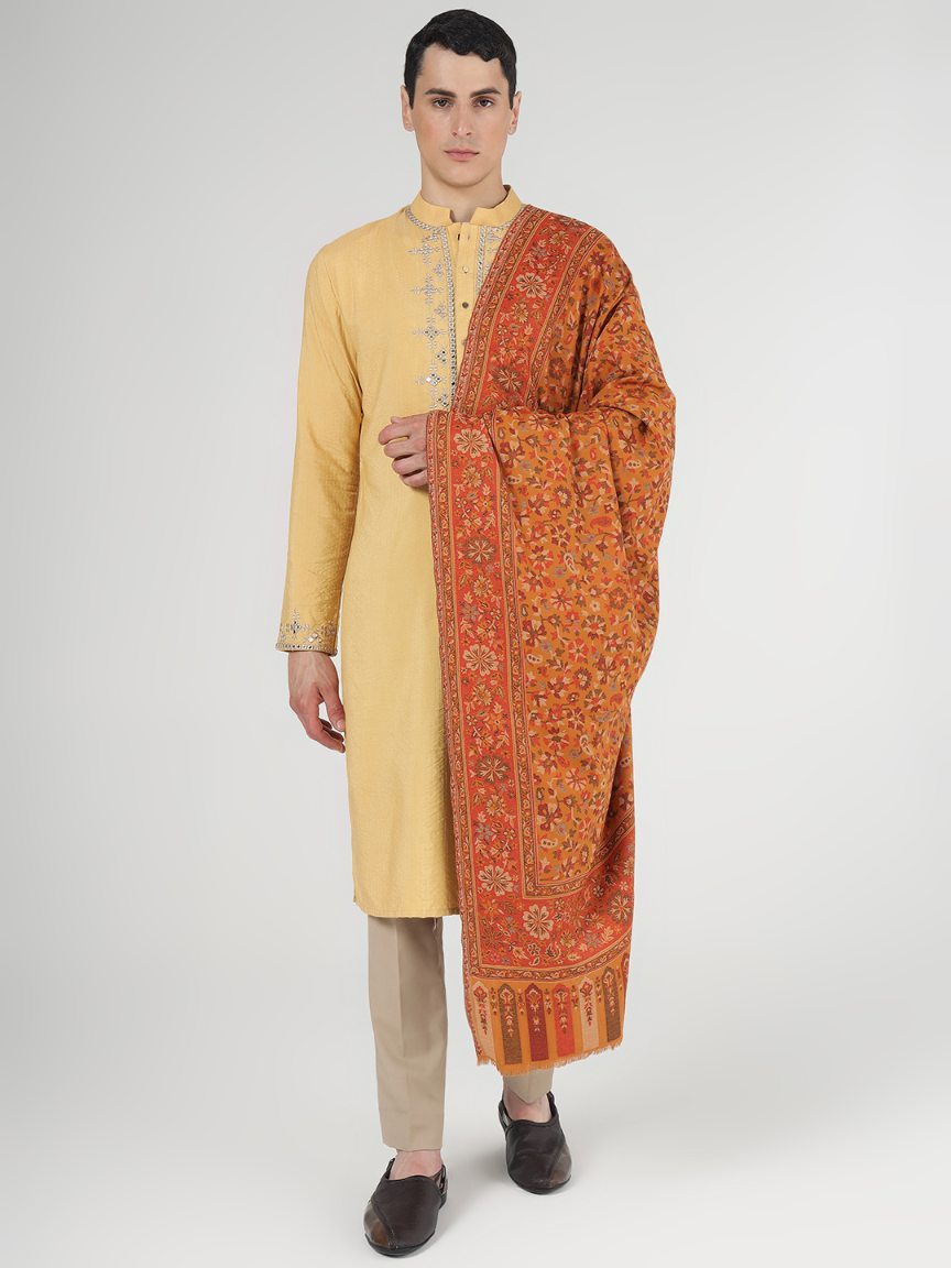 Antique Kashmiri Kani Stole with Sarvosk - Saffron Blossom