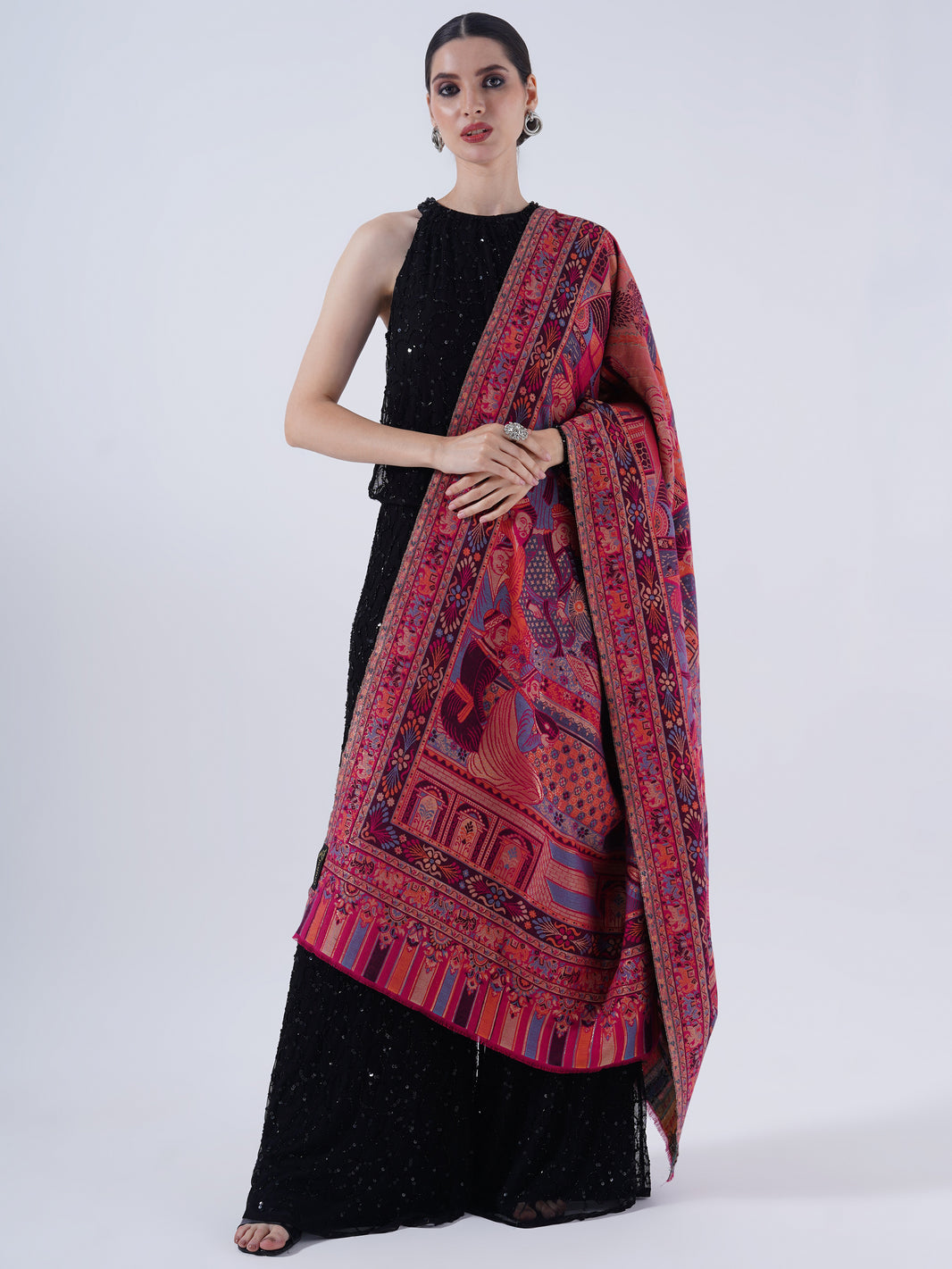 SOFT COTTON WOOL BLEND SHAWL WITH ZARI FOR WOMEN -EMERALD ELEGANCE