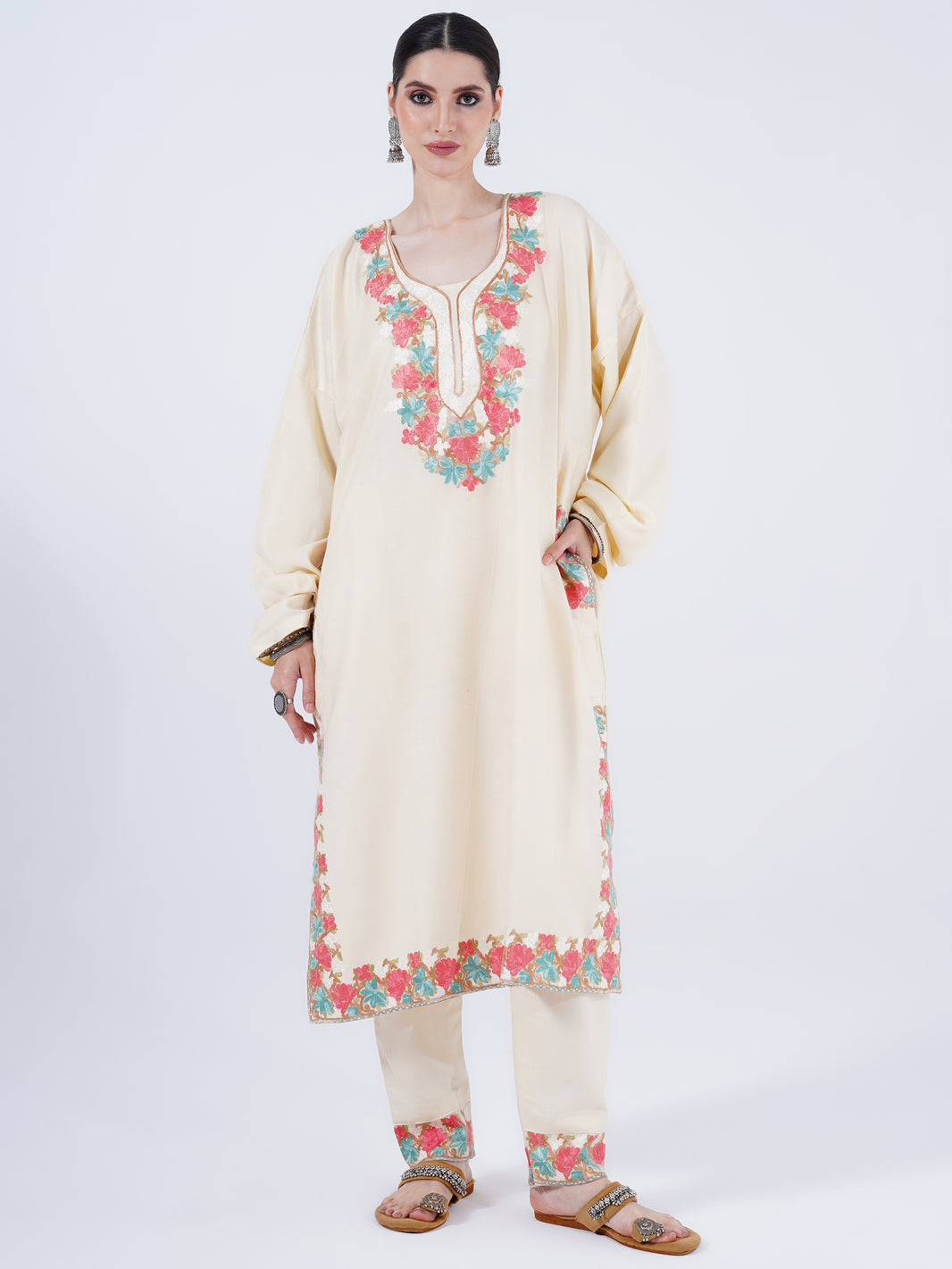 PASHMINA FAUX ACRYLIC PHIRAN OFF-WHITE UNSTITCHED SUIT FOR WOMEN