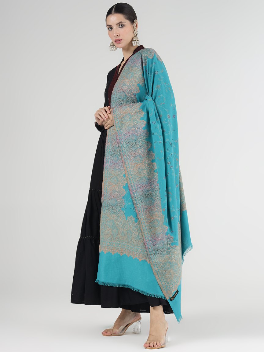 Faux Pashmina Traditional Jamawar Multy Shawl - Icy Blue | Full Size, Extra Soft