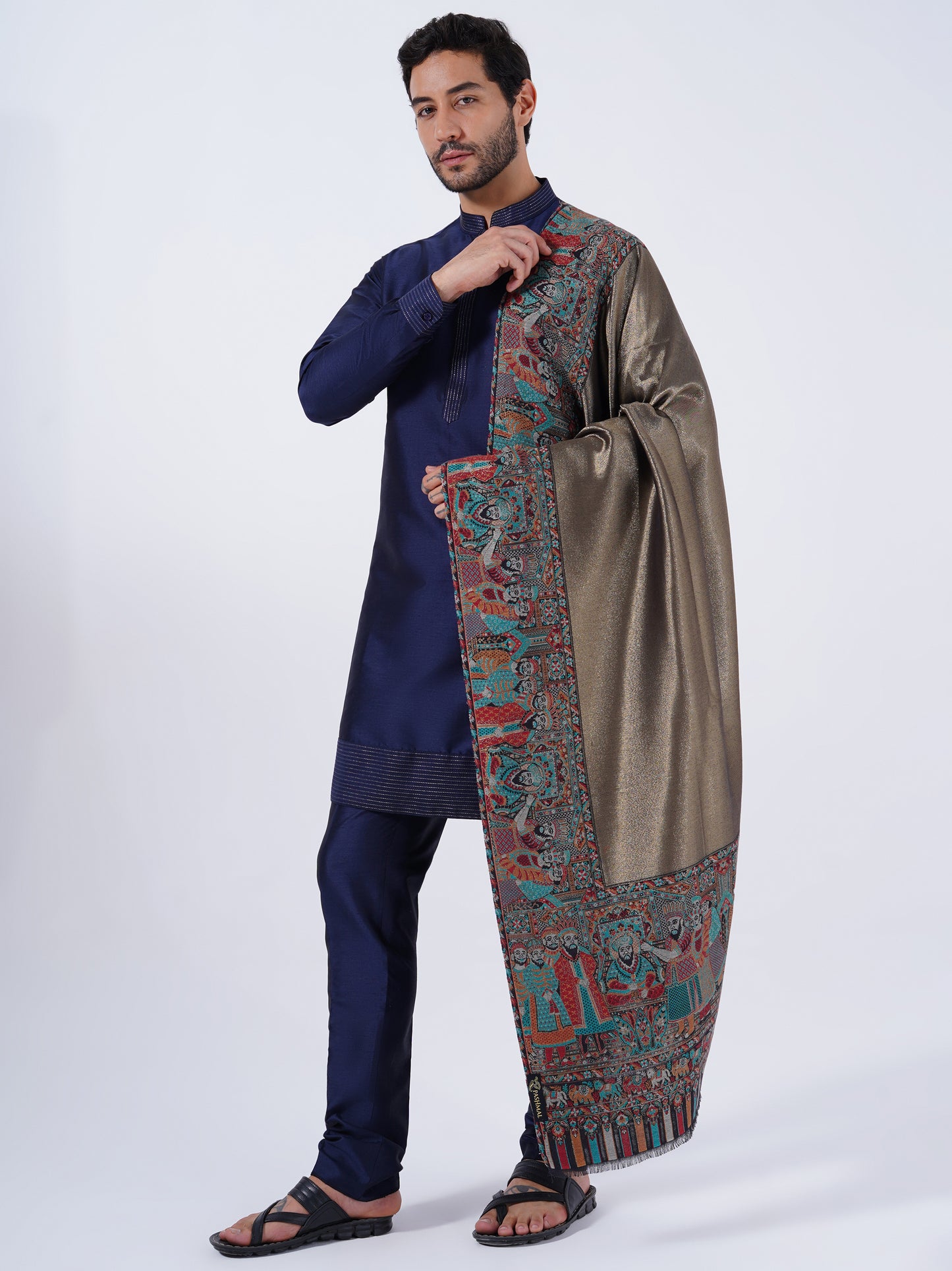 WOOL- COTTON BLEND GOLD MUGHAL DARBAAR SHAWL FOR MEN'S