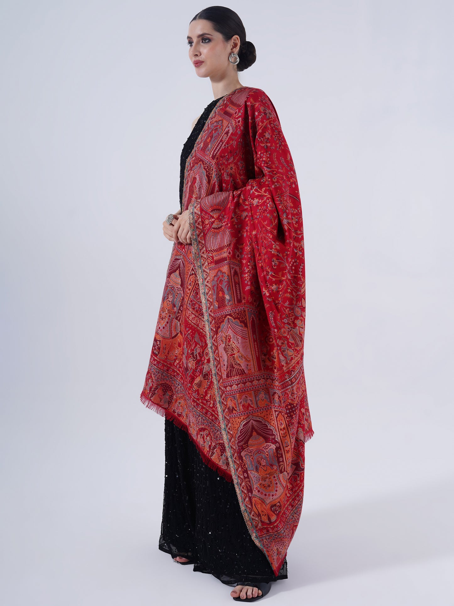 TRADITIONAL MUGHAL DARBAAR POLYSTER BLEND SHAWL-RICH CARAMEL CHARM