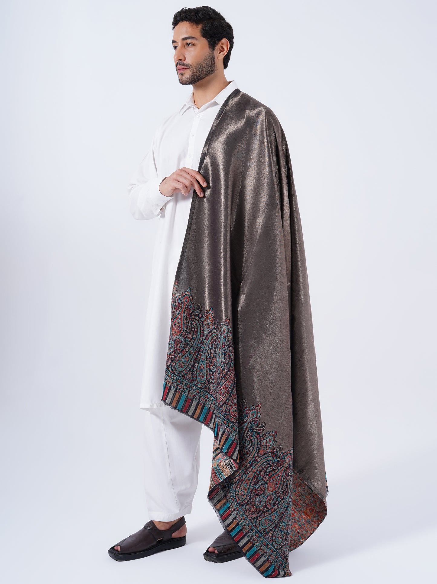 WOOL COTTON BLEND GOLD ETHNIC TRADITIONAL SHAWL FOR MEN