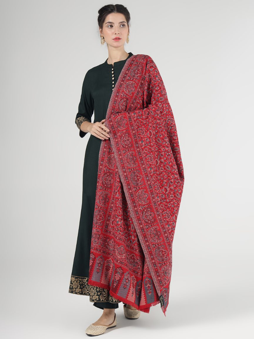 Antique Kashmiri Kani Stole with Sarvosk for Women - Crimson Radiance