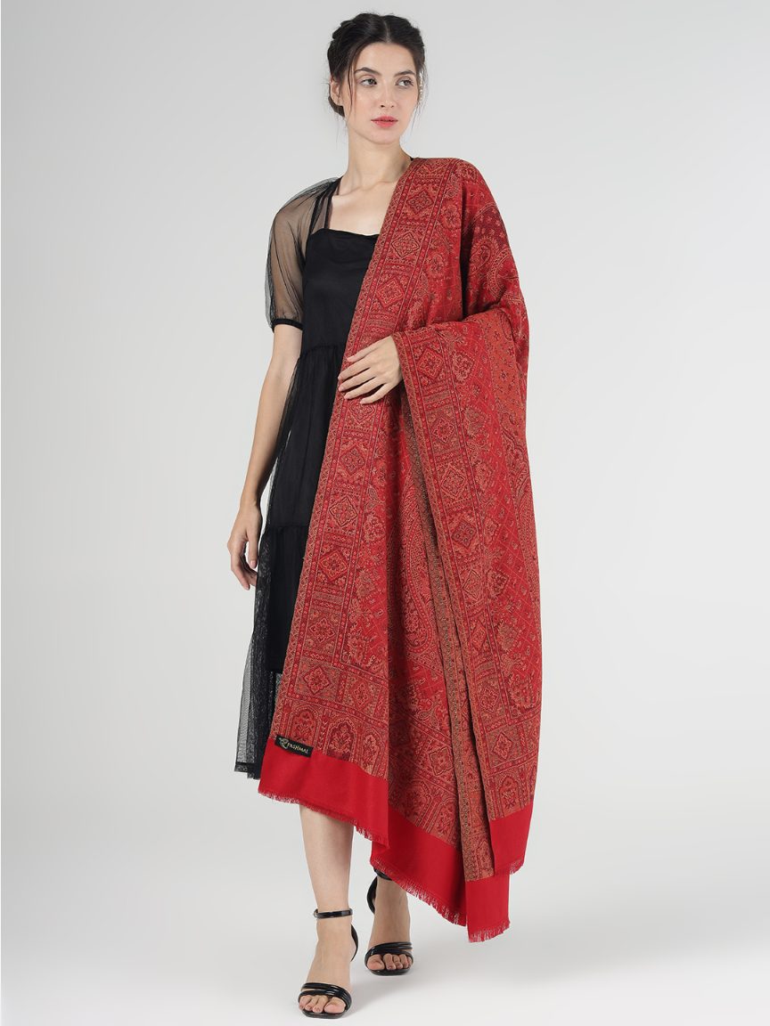 Faux Pashmina Ruby Traditional Kalamkari Shawl for Women | Full Size, Extra Soft