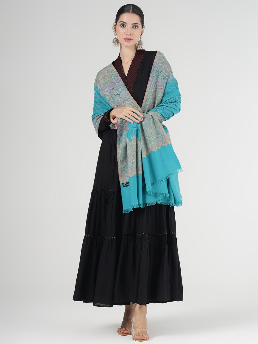 Faux Pashmina Traditional Jamawar Multy Shawl - Icy Blue | Full Size, Extra Soft