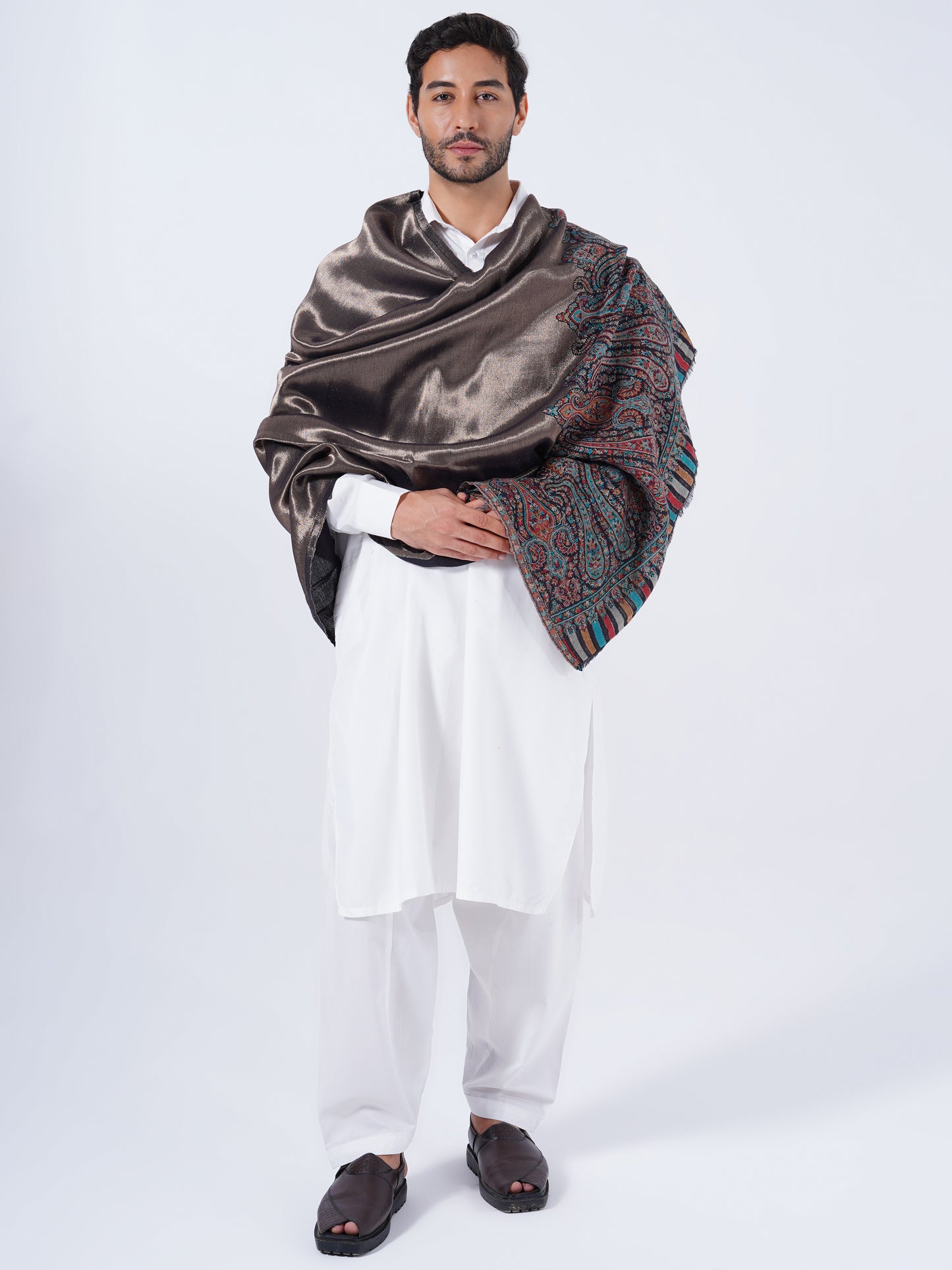 WOOL COTTON BLEND GOLD ETHNIC TRADITIONAL SHAWL FOR MEN