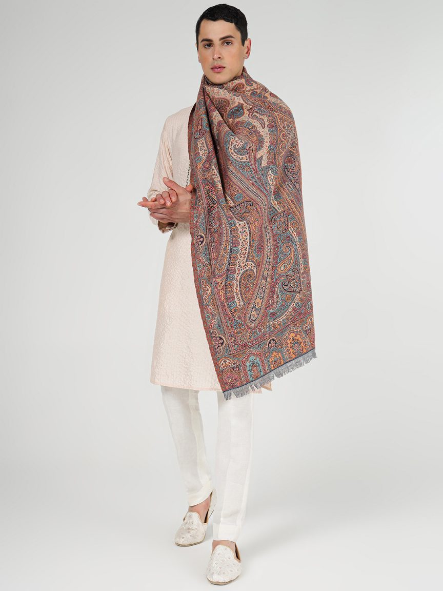 Traditional Earthtone Paisley Kalamkari Shawl for Men