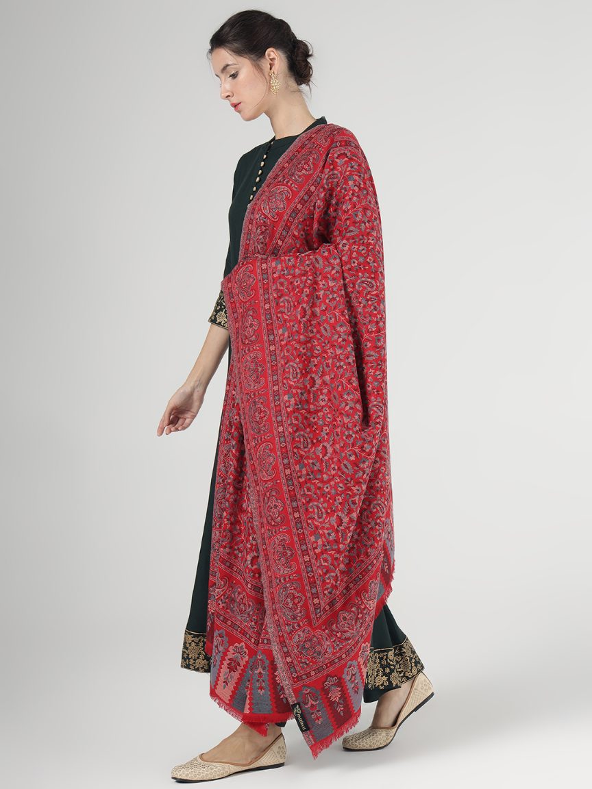 Antique Kashmiri Kani Stole with Sarvosk for Women - Crimson Radiance