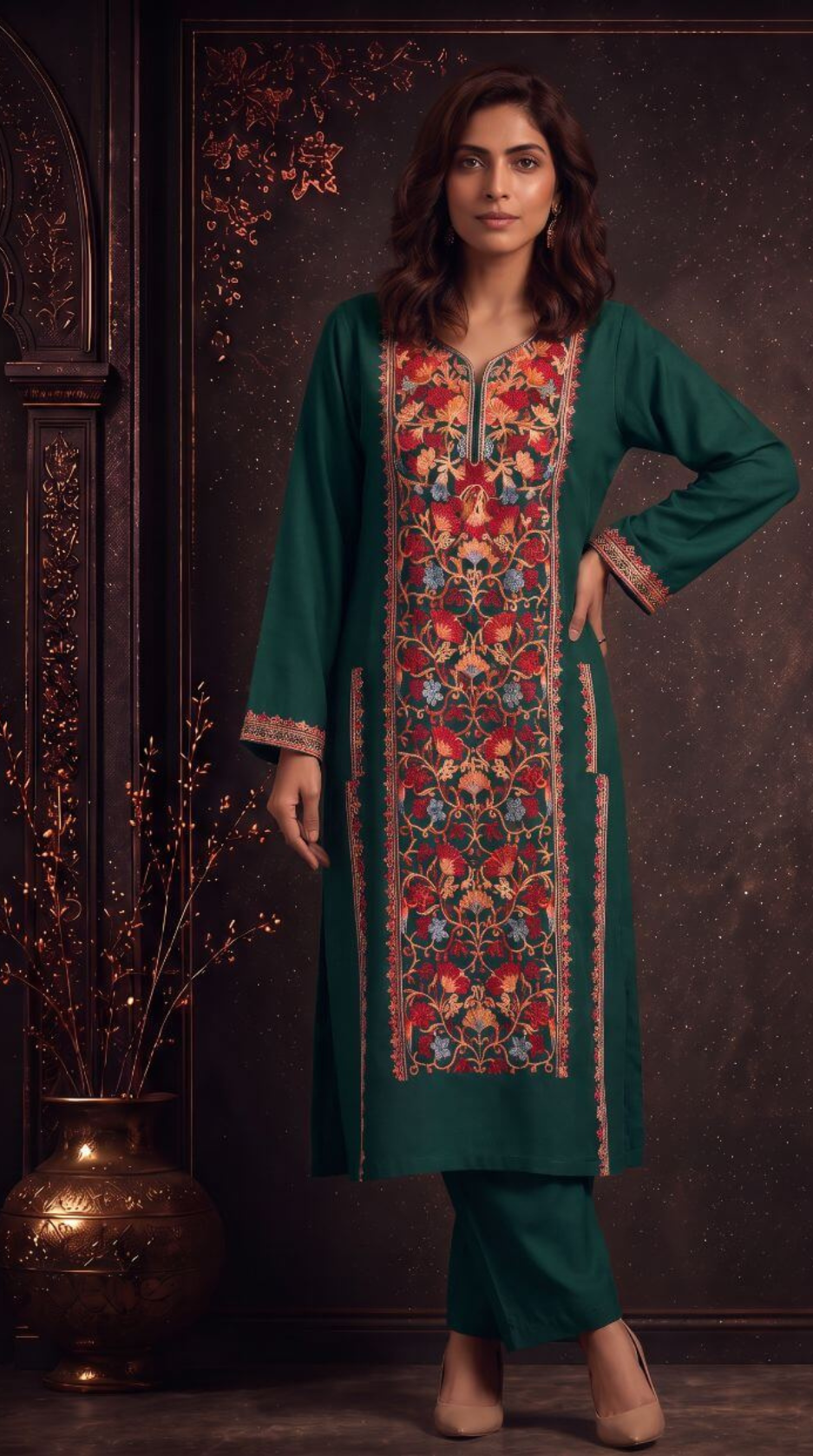 Inaya Ochre Embroidered Pheran Set