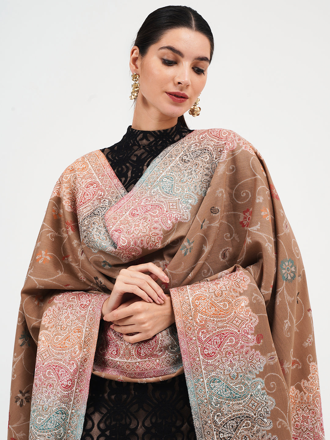 Faux Pashmina Traditional Jamawar Shawl -  Rich Caramel Charm