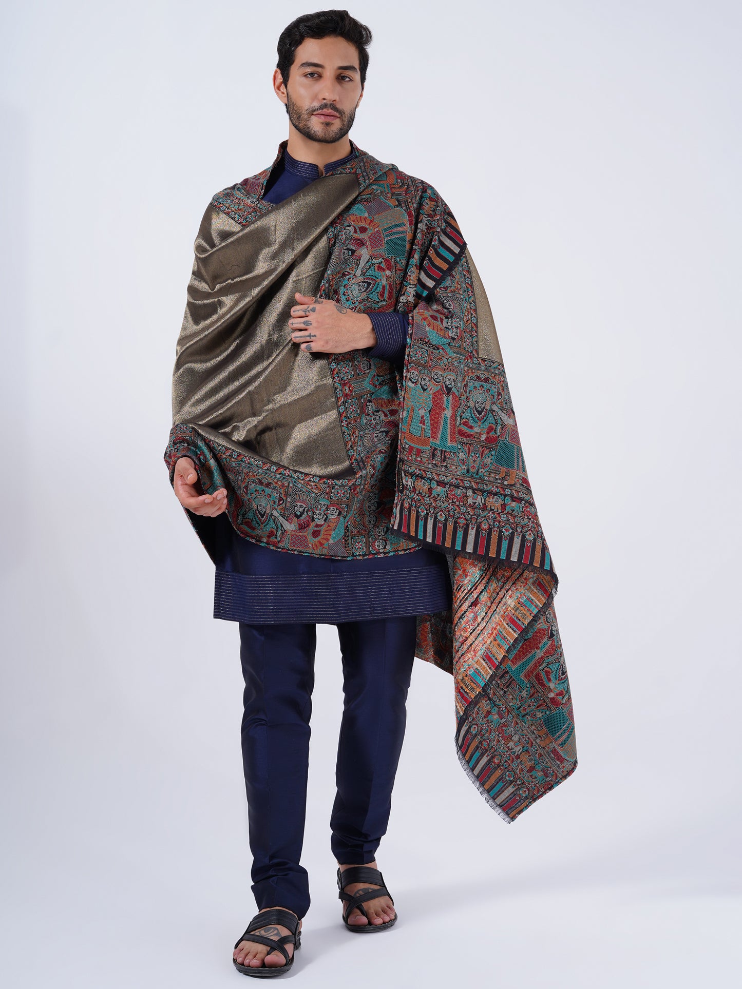WOOL- COTTON BLEND GOLD MUGHAL DARBAAR SHAWL FOR MEN'S