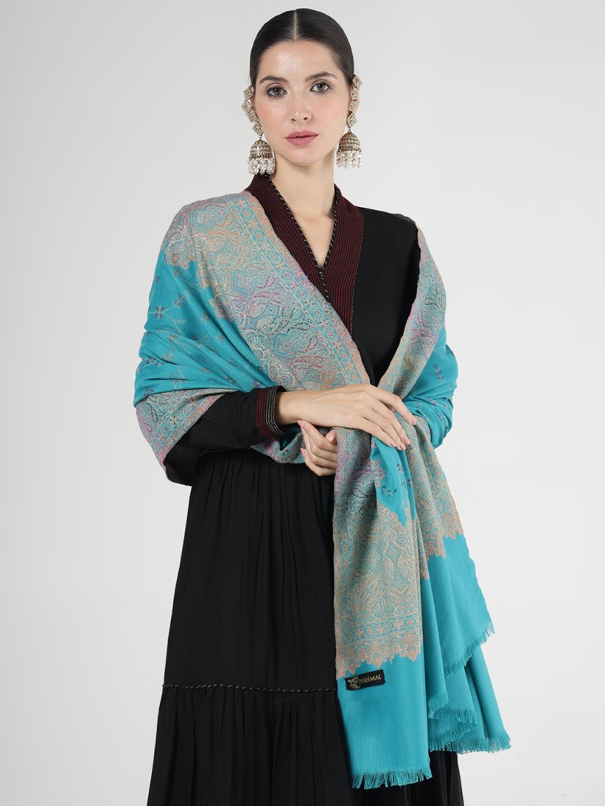 Faux Pashmina Traditional Jamawar Multy Shawl - Icy Blue | Full Size, Extra Soft