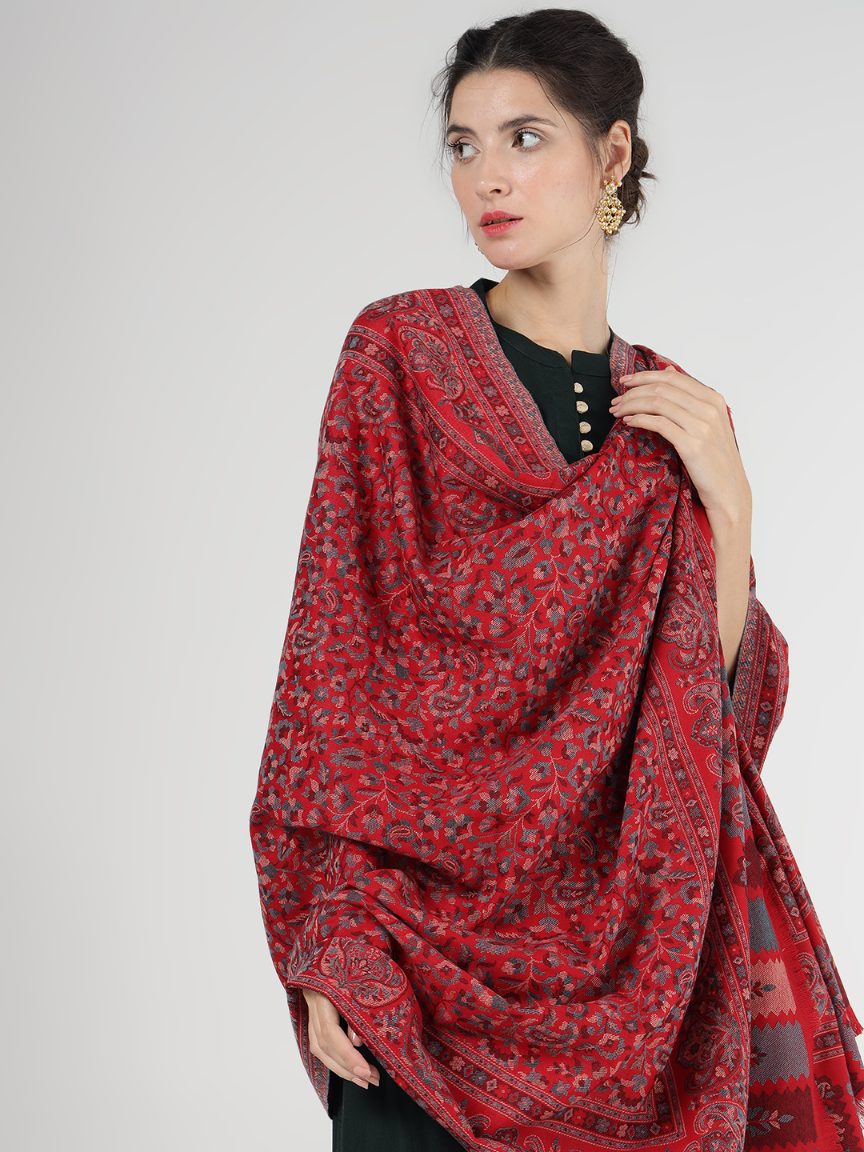 Antique Kashmiri Kani Stole with Sarvosk for Women - Crimson Radiance