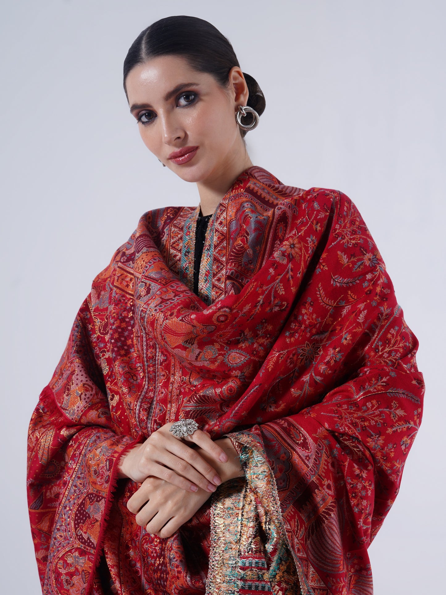 TRADITIONAL MUGHAL DARBAAR POLYSTER BLEND SHAWL-RICH CARAMEL CHARM