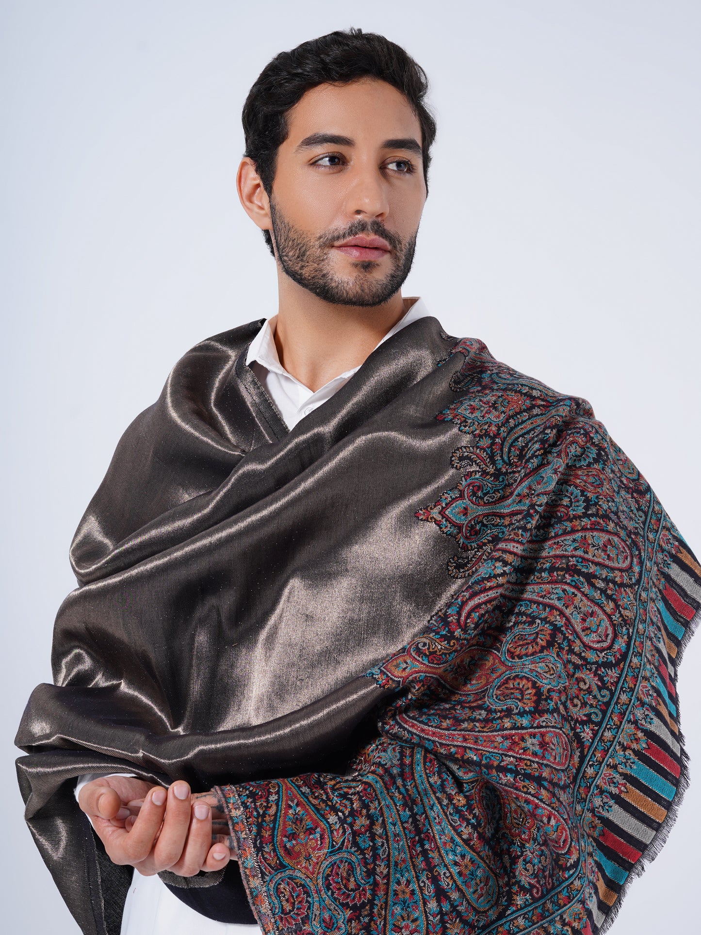 WOOL COTTON BLEND GOLD ETHNIC TRADITIONAL SHAWL FOR MEN