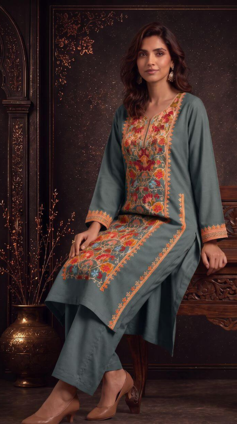 Inaya Ochre Embroidered Pheran Set