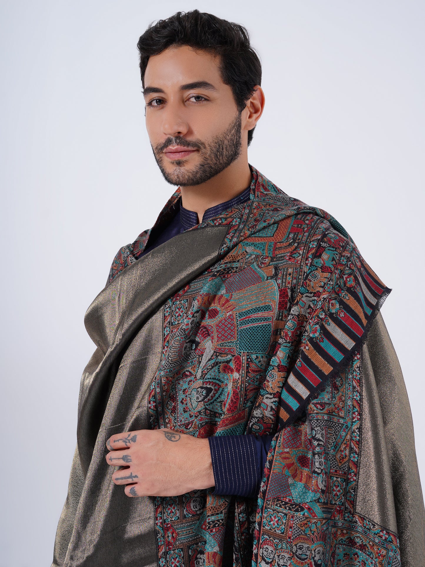 WOOL- COTTON BLEND GOLD MUGHAL DARBAAR SHAWL FOR MEN'S