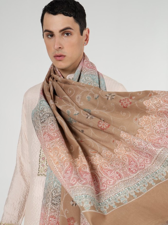 Faux Pashmina Traditional Jamawar Shawl for Men - Caramel Charm | Extra Soft & Warm