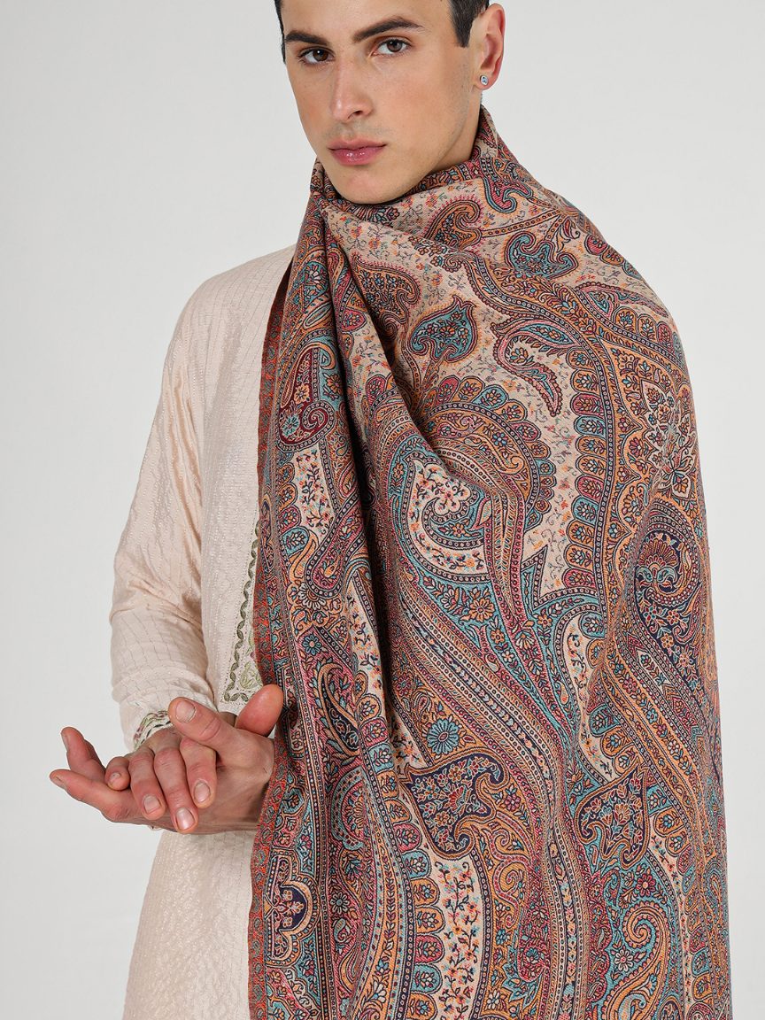 Traditional Earthtone Paisley Kalamkari Shawl for Men