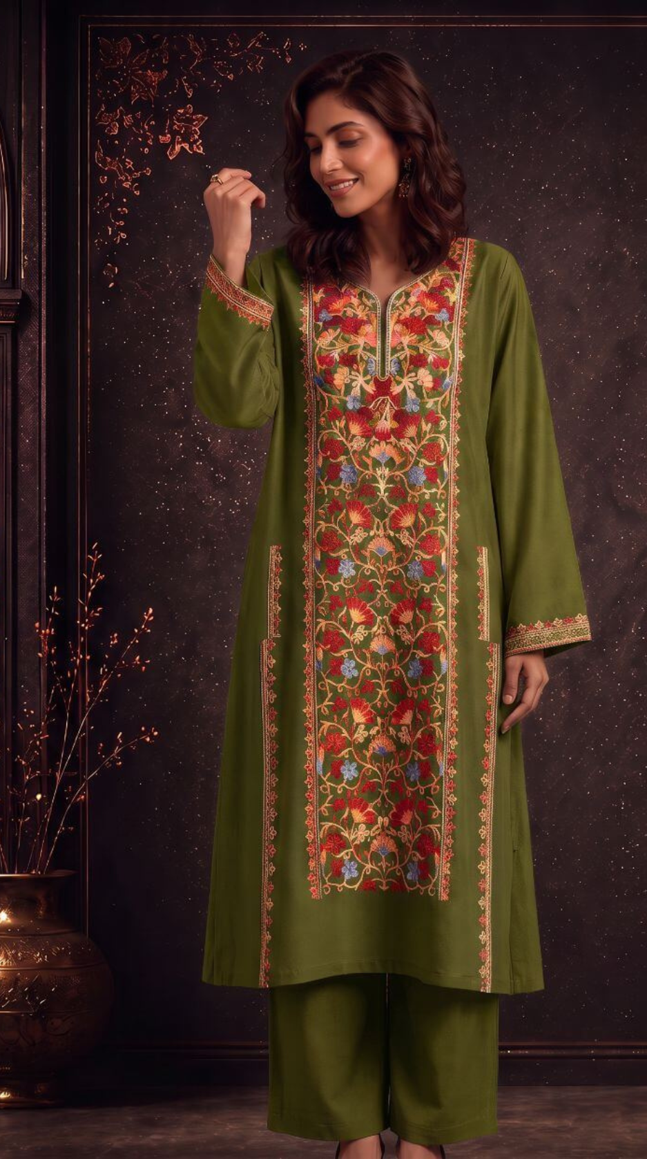Inaya Ochre Embroidered Pheran Set