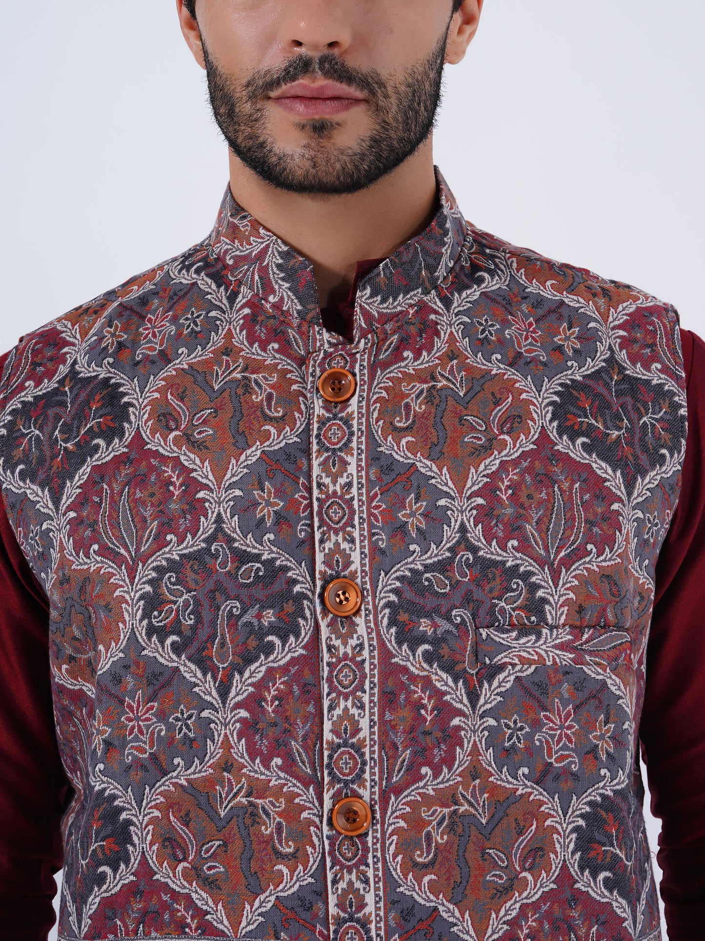 UNSTITCHED WOOLLEN NEHRU JACKET FOR MEN-TERRA COTTA