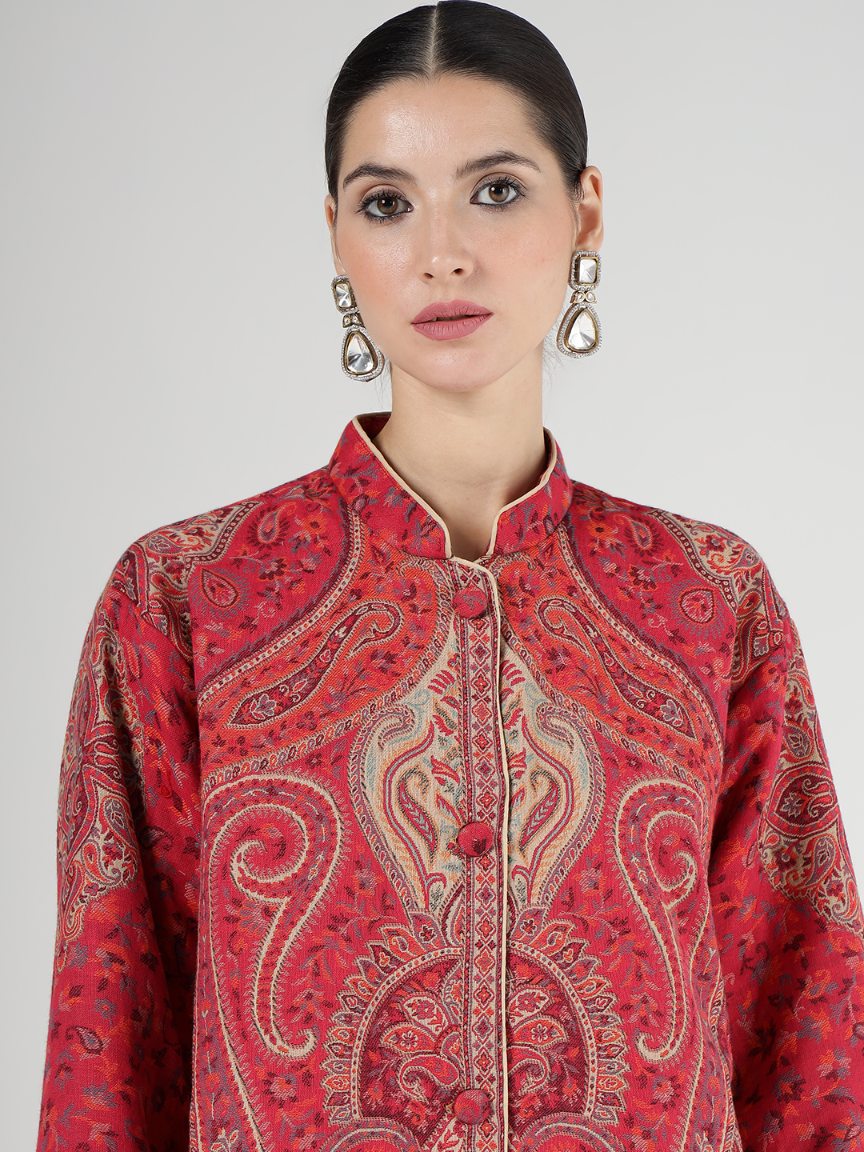 Unstitched Vintage Jamawar Jacket - Crimson Tapestry | Customizable