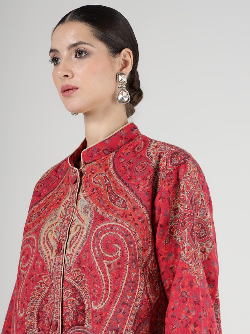 Unstitched Vintage Jamawar Jacket - Crimson Tapestry | Customizable