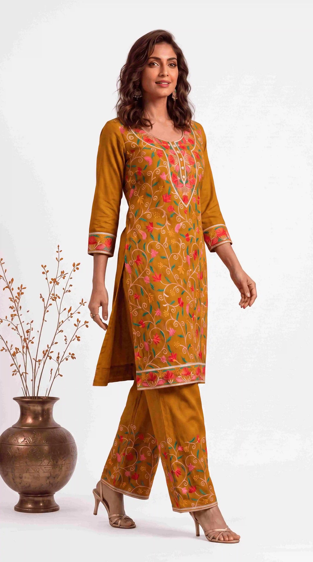 MIRA MUSTARD FLORAL EMBROIDERED CO-ORD SET